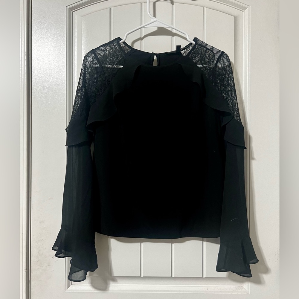 Black lace shoulder long sleeve blouse